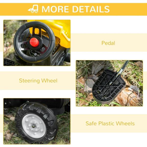 Yellow tractor ride-on go-kart details: steering wheel and safe plastic wheels
