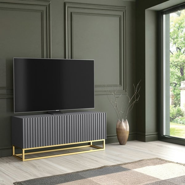 Mex Furniture Grey TV Unit with Gold Base 100cm – Fluted Fronts & Push-Down Doors