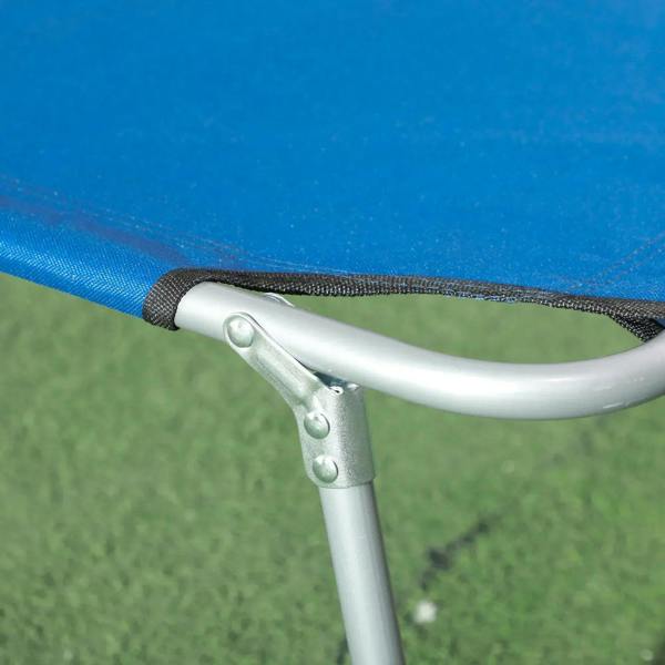 Blue sun lounger fabric with curved silver carry handle and metal frame joint