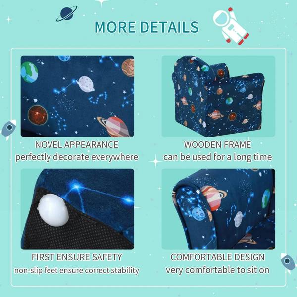 Close-up view of blue space-print kids armchair with wooden frame