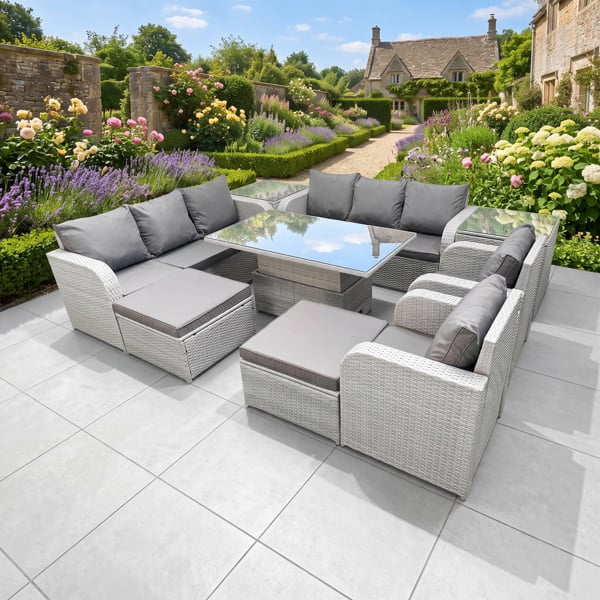 Fimous 8 Seater Rattan Garden Furniture Set with Rising Table, 2 Sofas, 2 Reclining Chairs, 2 Footstools, 2 Side Tables - Light Grey