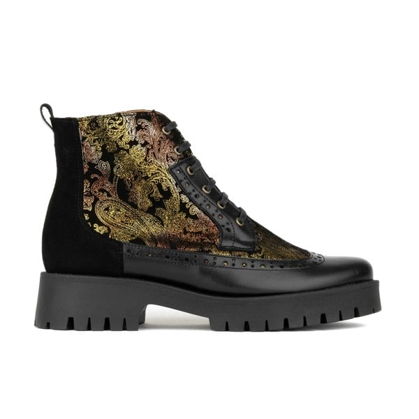 Embassy London Hatter Platform - Black & Floral - Women's Leather ankle Lace-up Boot with chunky cleated sole