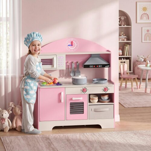 AIYAPLAY Kids Play Kitchen with Lights & Sounds, Fabric Drawer, Pink