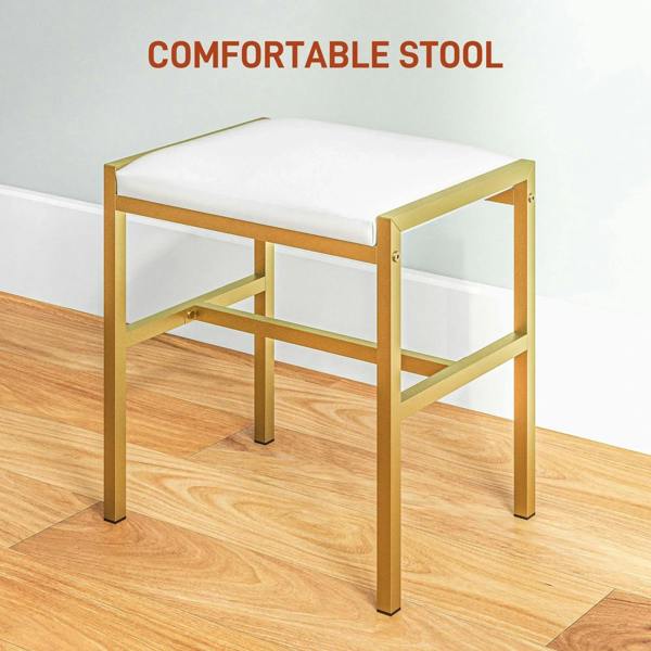 Gold-framed cushioned vanity stool with white seat