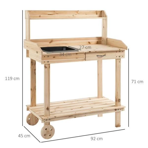 Natural wood potting bench with sink opening, drawer front, and 2-wheel base