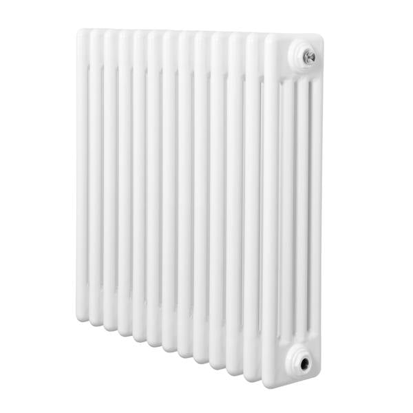 Traditional white 4 column radiator, 600 x 605mm, featuring a smooth, glossy finish and vertical slats for efficient heating