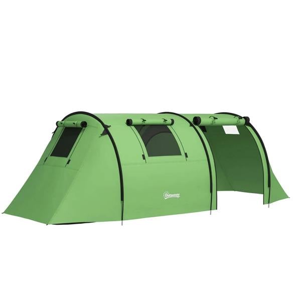 Green dual-room tunnel tent with two front doors, dark mesh windows, and rainfly coverage