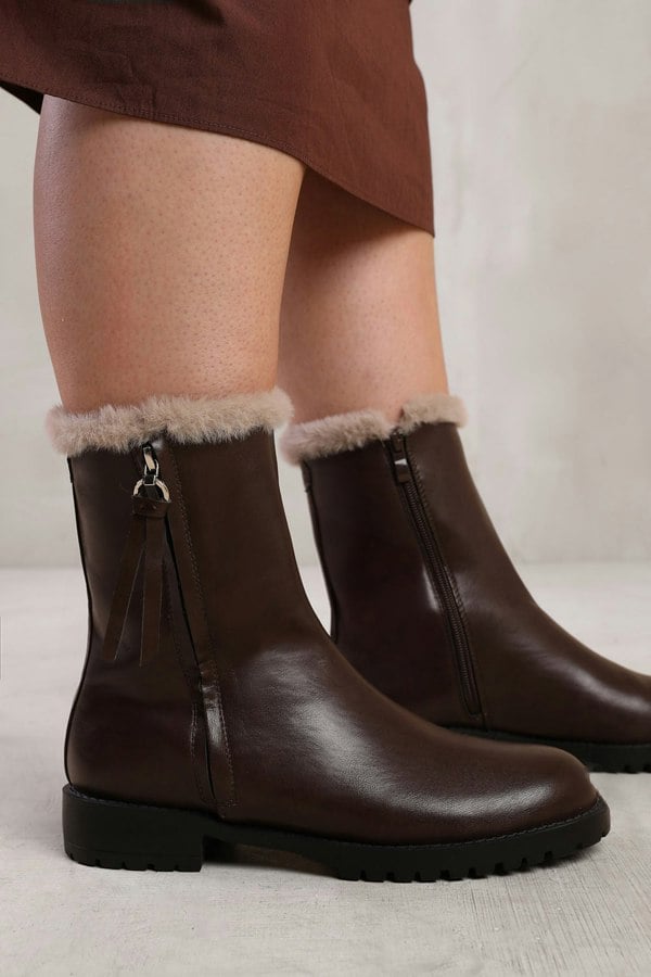 Where's That From Artic Mid Calf Boot With Fur Trim in Dark Brown Faux Leather