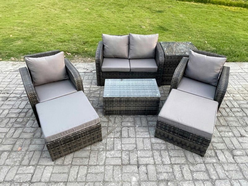 Fimous Outdoor Lounge Sofa Set Rattan Garden Furniture Set with Rectangular Coffee Table 2 Big Footstool Side Table Dark Grey Mixed