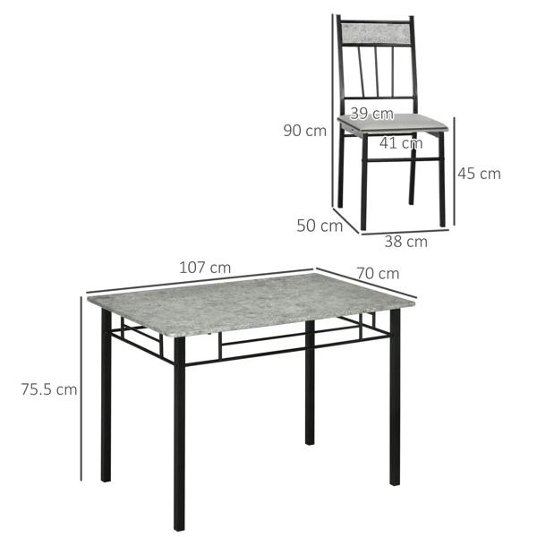 Dining table and chairs size diagram showing tabletop and seat measurements