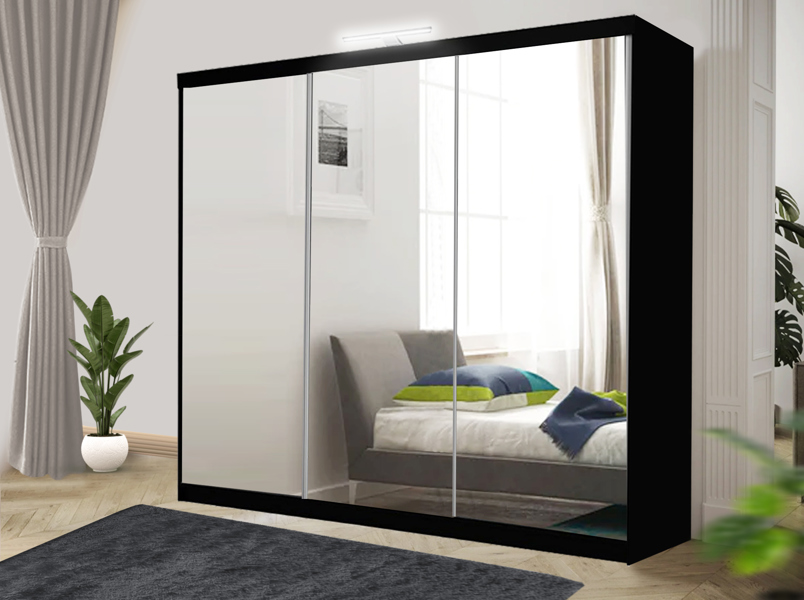 RAC3 Stylish Bedroom Sliding Wardrobe with LED Light -  comes in White/Grey/Black/Oak and Width 100cm/120cm/150cm/180cm/203cm/250cm (Black, 100cm)