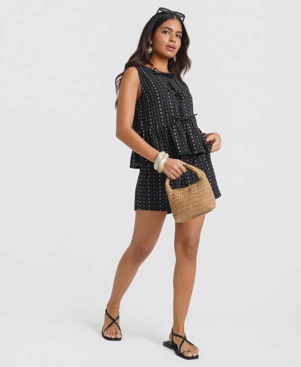 Black Floral Tie Front Peplum Top