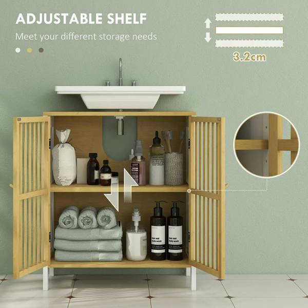 Under-sink cabinet with bamboo frame, open double doors, and adjustable inner shelf