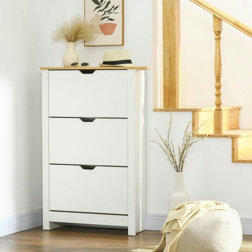 Wyld Haus Rokeha Wooden White and Natural Narrow Shoe Cupboard With 3 Flip Drawers For 18 Pairs
