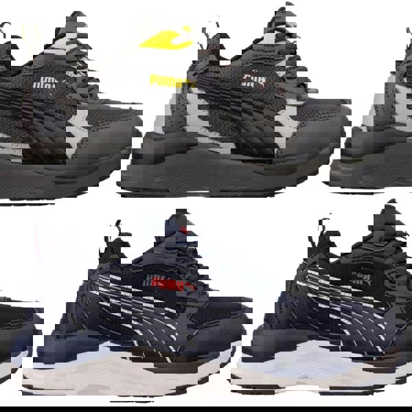 PUMA Safety PUMA Shift S1P Mens Composite Toe Midsole Work Shoes Trainers, sporty black and gray sneakers with yellow accents and another pair in navy blue with white and red accents.