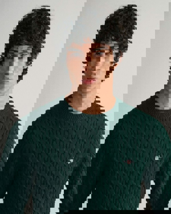 GANT Mens Cotton Cable Knit Crew Neck Jumper - 374 Tartan Green