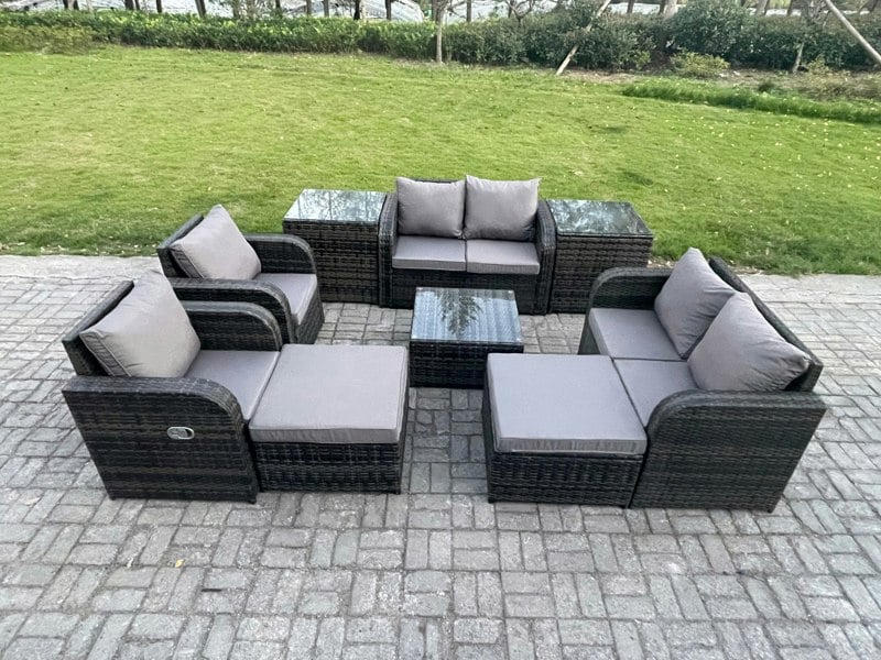 Fimous Garden Furniture Set Rattan Outdoor Lounge Sofa Chair With Tempered Glass Table 2 Big Footstool 2 Side Tables Dark Grey Mixed