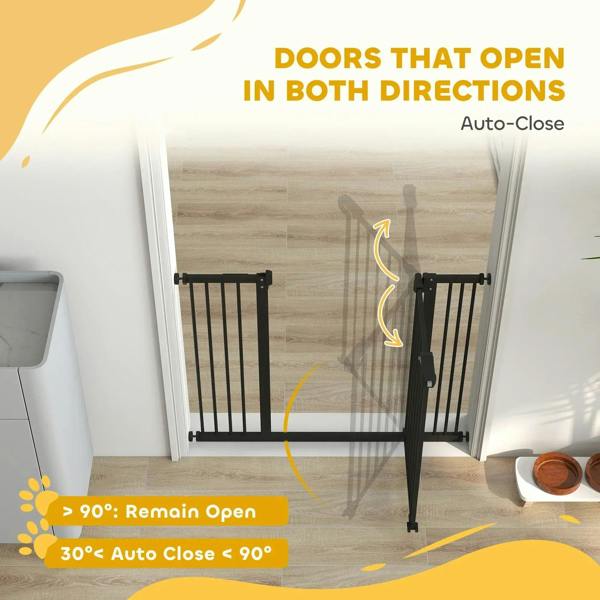 Black safety gate in a doorway with double-opening auto-close design