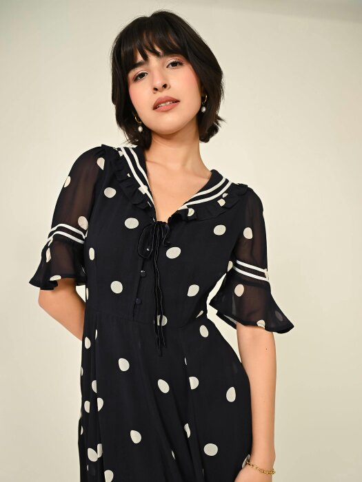 Rose & Nancy Audrey Navy Polka Print Collar Detail Maxi Dress