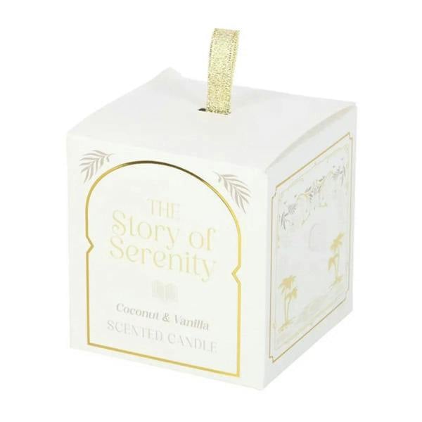 White gift box for coconut and vanilla candle with gold-tape top and Serenity label
