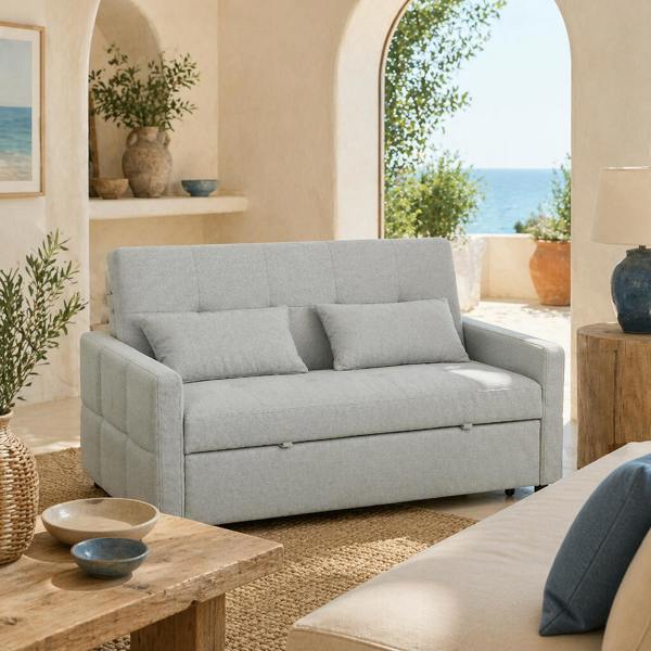 Wyld Haus Fapa Light Grey Fabric Upholstered 3 Way Convertible 2 Seater Sofa Bed