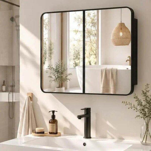 76.2 x 11.6 x 61 cm Bathroom Mirror Cabinet, Wall Cabinet with Adjustable Shelves, Wall-Mounted or Recessed, Black - Black