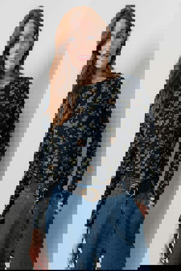 Lily & Me Angela Floral Print Knit Top Navy