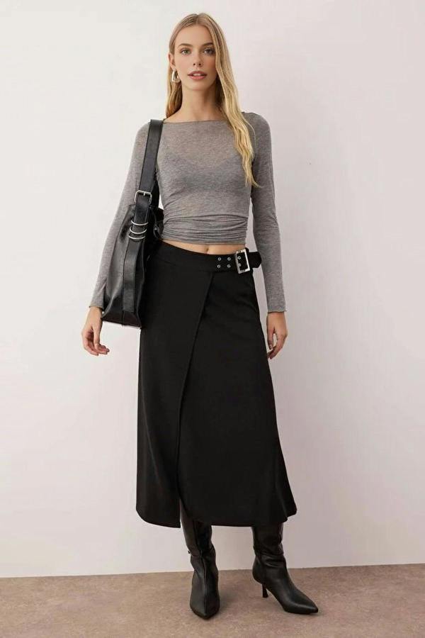 WOVCOR Skater Stretch Crepe Knit Skirt with Belt Detail