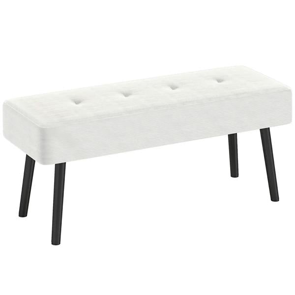 Cream corduroy bench with tufted top and thick padding, black steel legs