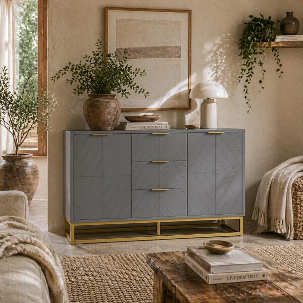 Wyld Haus Veli Grey Sideboard With 3 Drawers 2 Doors 2 Sehelves