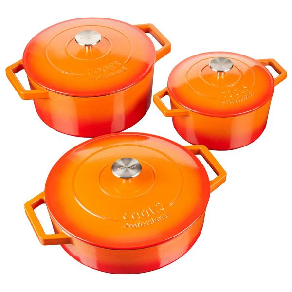 Cooks Professional Set of 3 Cast Iron Casserole | 20cm, 26cm and 28cm | Orange
