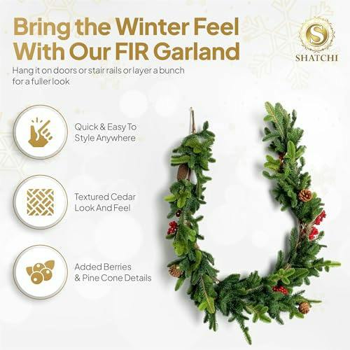 18cm Green Fir Garland with Berries and Pine Cones for Christmas Door and Home Decorating image 4