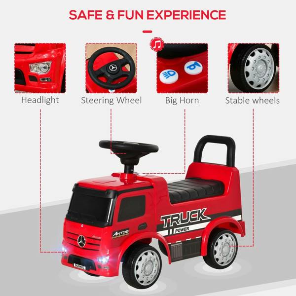 Red ride-on truck with headlights, steering wheel, horn, and stable wheels