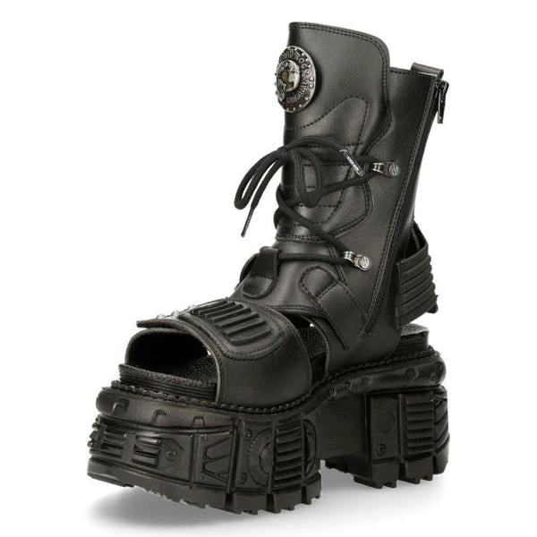 New Rock Unisex Black Vegan Leather Sandal Boots- BIOS107-V1
