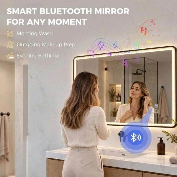 Bathroom Mirror with LED Lights, 100x70cm Rectangle Bathroom Mirror, Dimmable, Bluetooth, Anti-Fog, Black