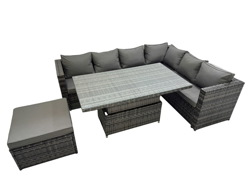 Fimous 7 Seater Rattan Height Adjustable Rising Lifting Table Corner Sofa Sets with Big Footstool Dark Grey Mixed