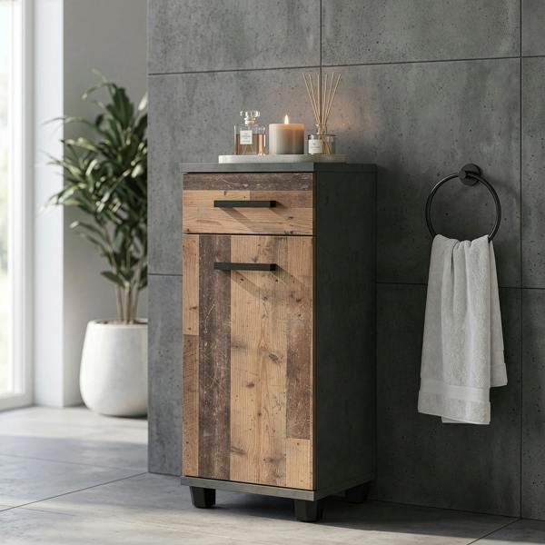 Furniture To Go Veris Bathroom Cupboard with 1 Door & 1 Drawer in Walnut and Dark Grey