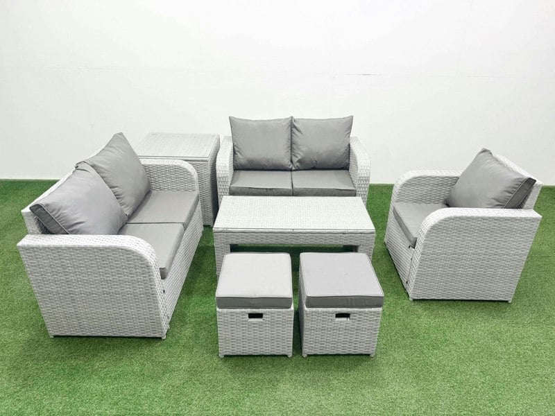 Fimous High Back Poly Rattan Garden Furniture Set - Light Grey Indoor/Outdoor Patio Set with Reclining Chair & Oblong Coffee Table
