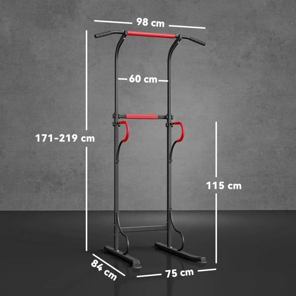 Adjustable power tower pull-up station with red bars and labeled height and width dimensions