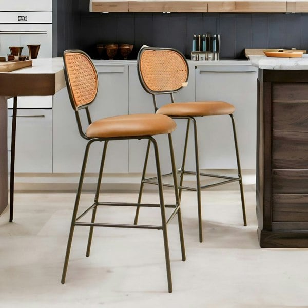 Rafaelo Mobilia Faux Leather Bar Stools Set With Rattan Back Brown