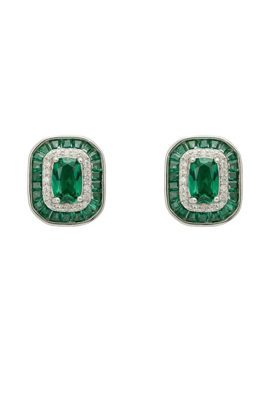 Latelita Great Gatsby Stud Earrings Emerald Silver