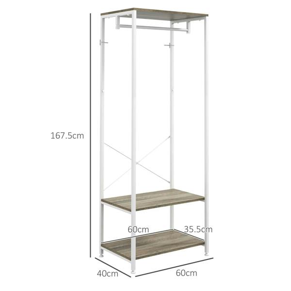 Tall white coat rack with grey bench shelves and hanging rail, front dimensions view