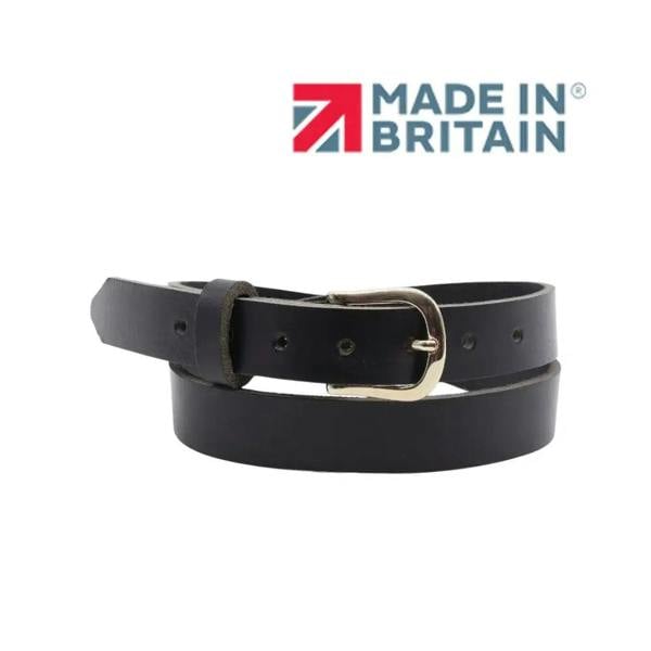 Black leather belt with a gold buckle on a white background, featuring 'Made in Britain' logo.