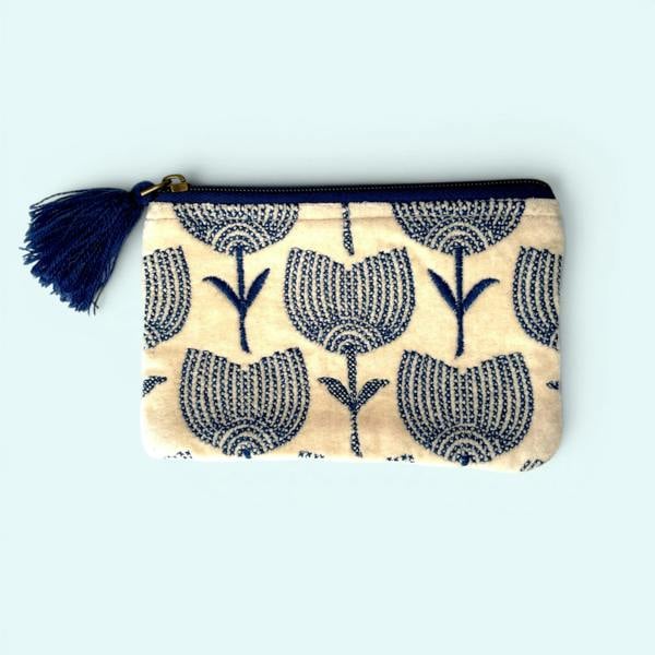Hayley & Co Embroidered Velvet Coin Purse | Tulip flowers in Cream and Blue