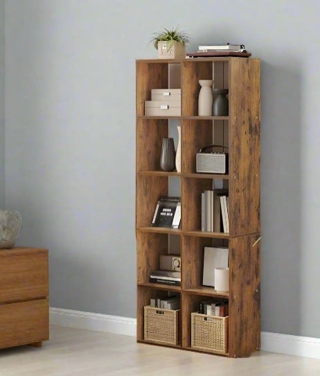 10-cube rustic brown bookshelf, industrial storage unit for living room or office

