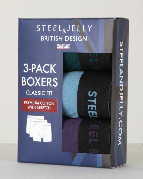 Steel & Jelly Purple, Blue & Green 3 Pack Boxers