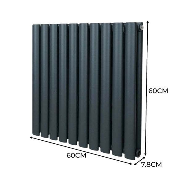 Oval column radiator in anthracite grey, featuring a sleek design with vertical tubes, measuring 600mm x 600mm, ideal for modern spaces
