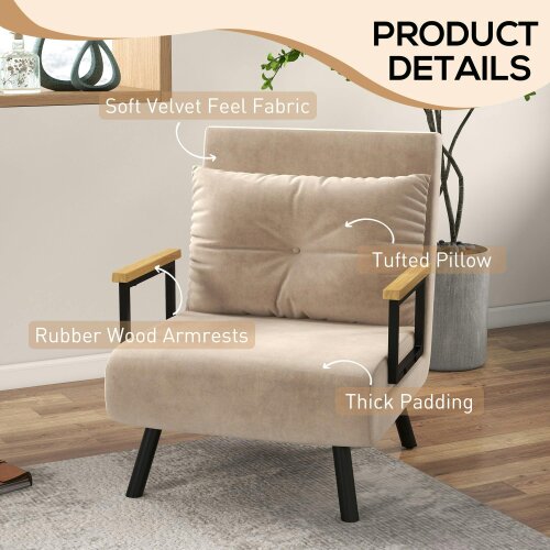 Wyld Haus Elvael Velvet Beige 4 In One Convertible Single Chair Bed With Cushion