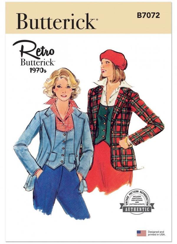 Butterick Sewing Pattern 7072, Jackets, Waistcoats, Vintage Style for Women, B6 (6-8-10-12-14-16) - Intermediate