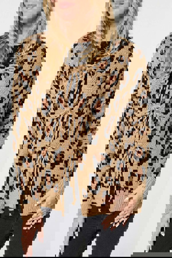 Brown | Animal Print Tie Front Cardigan
